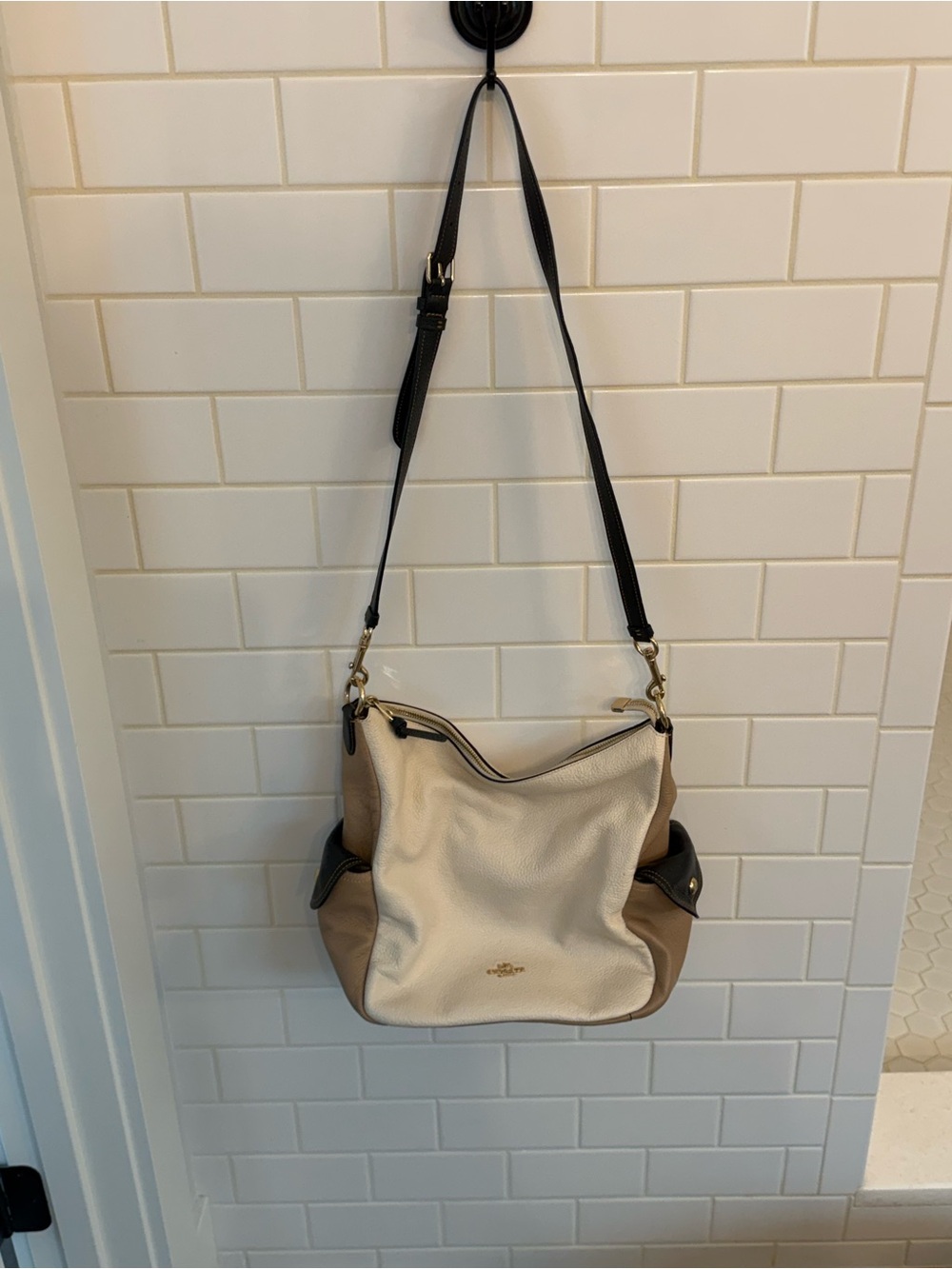 Coach Two-Tone Pebbled Leather Shoulder Bag in Cream, Tan & Black - Picture 2 of 7